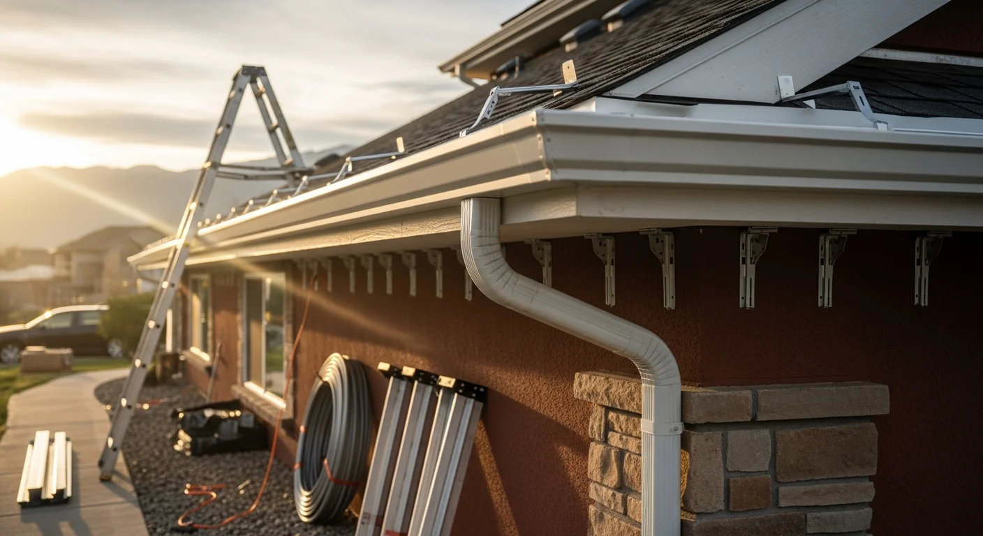 New gutter and downspout system installed on residential roofline