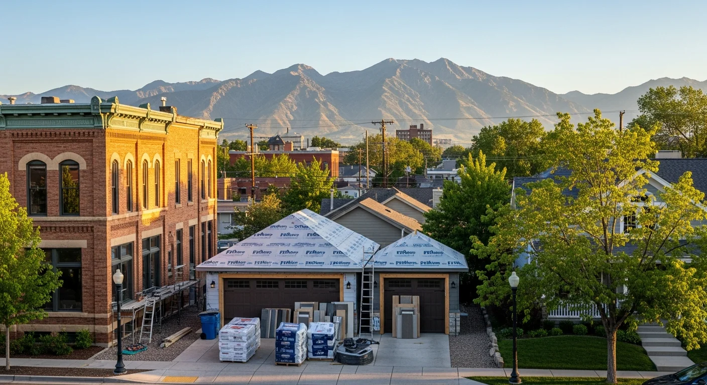 Ogden street view showing historic downtown buildings and modern residential neighborhoods under blue sky.