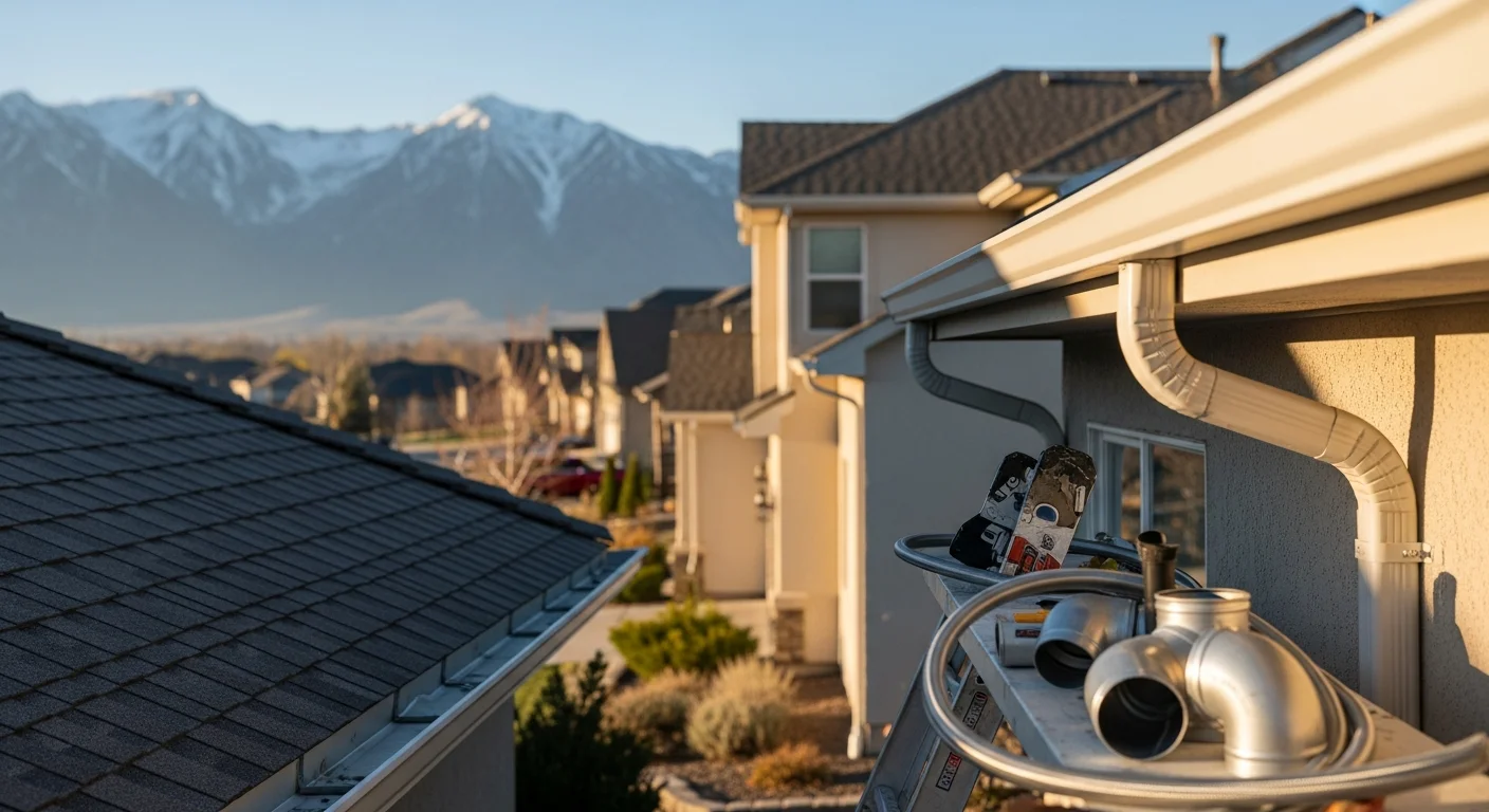 A newly installed downspout on a residential home in Ogden, Utah, secured flush against the exterior wall with the discharge extending away from the foundation. The Wasatch foothills are visible in the background.