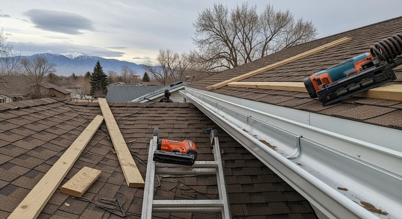 Newly installed fascia boards along the roofline edge of an Ogden, Utah home, with gutters securely mounted and aligned for proper water drainage. Close view shows clean board edges and tight gutter attachment against a residential exterior.
