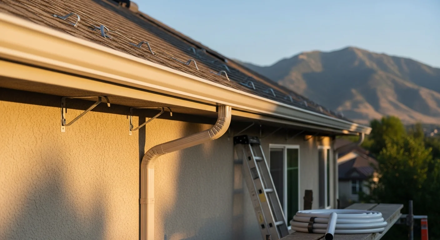 Newly installed seamless gutters running along the roofline of a residential home in Ogden, Utah, with a downspout directed away from the foundation. The Wasatch Mountains are visible in the background against a clear sky.