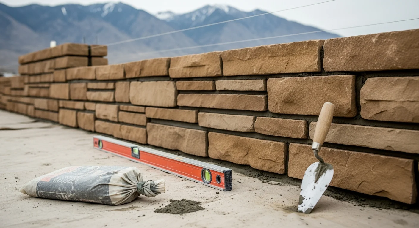 Freshly installed stone veneer on the exterior facade of a residential home in Ogden, Utah, with clean mortar joints and a natural stone pattern. The installation covers the front-facing wall from the foundation line to the window sill, set against a backdrop of the Wasatch foothills.