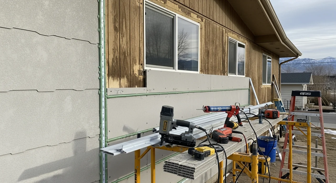 A finished residential exterior remodel on an Ogden, Utah home showing replaced siding, updated trim, and clean fascia lines. The home sits against a backdrop typical of northern Utah neighborhoods near the Wasatch foothills.