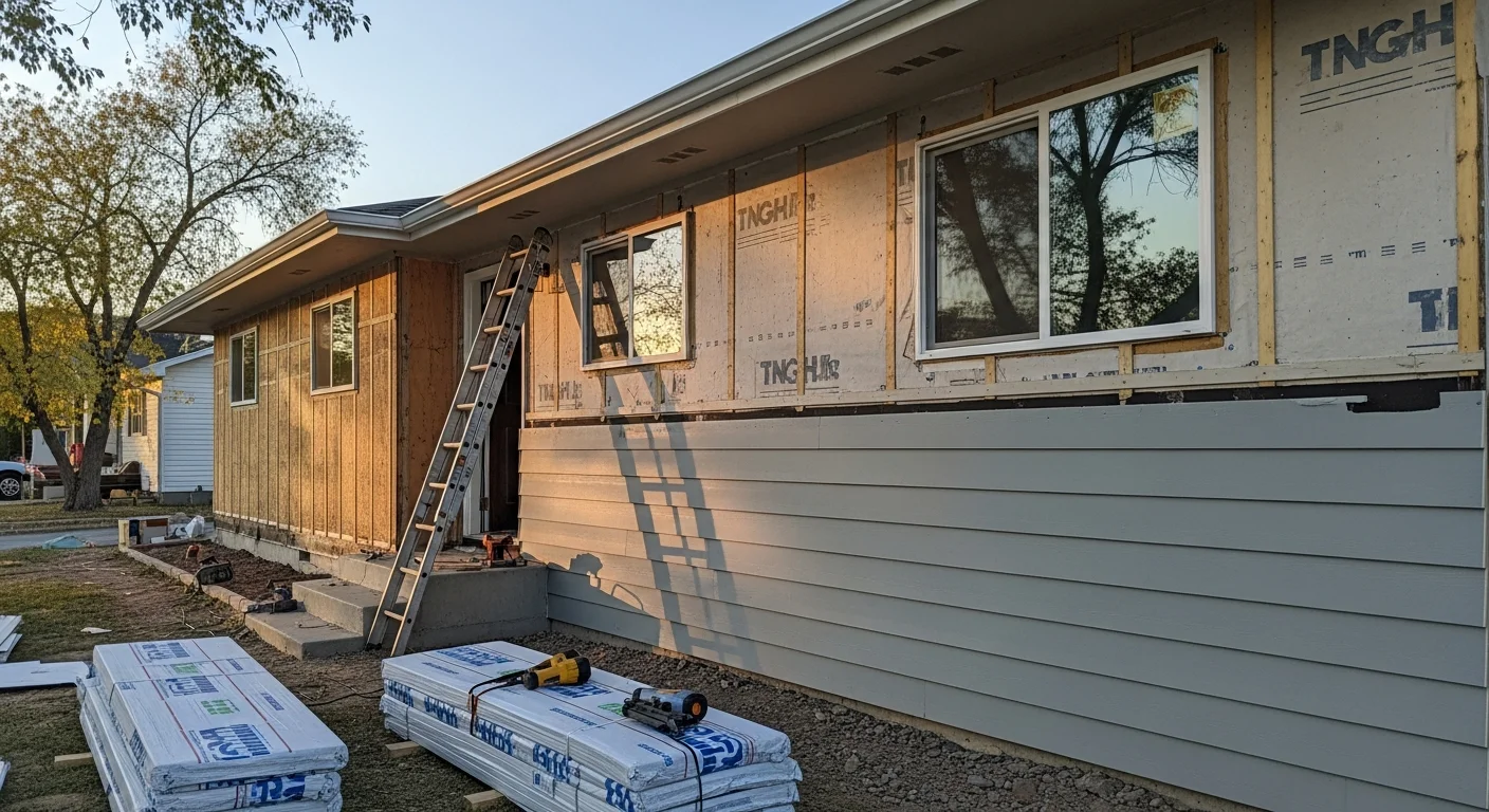A freshly sided single-family home in Ogden, Utah with new exterior panels installed along the front and side elevations. The siding runs clean and level from the roofline to the foundation, showing a complete professional installation on a residential property.