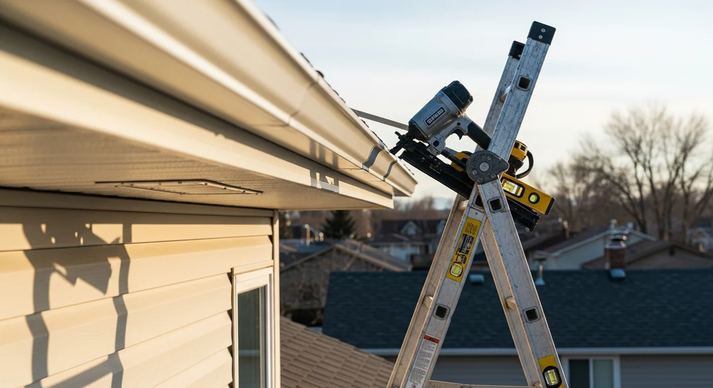 Freshly installed vented soffit panels along the eave of a residential home in Ogden, Utah, with clean fascia and downspout visible at the roofline corner. The white soffit panels run flush beneath the roof overhang, connecting the siding to the gutter system.